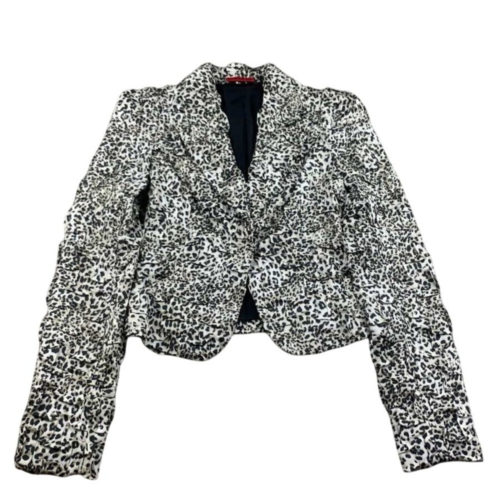 Vintage Vivienne Tam Blazer Women XS S Black White Silk Leopard Crinkled Ruched